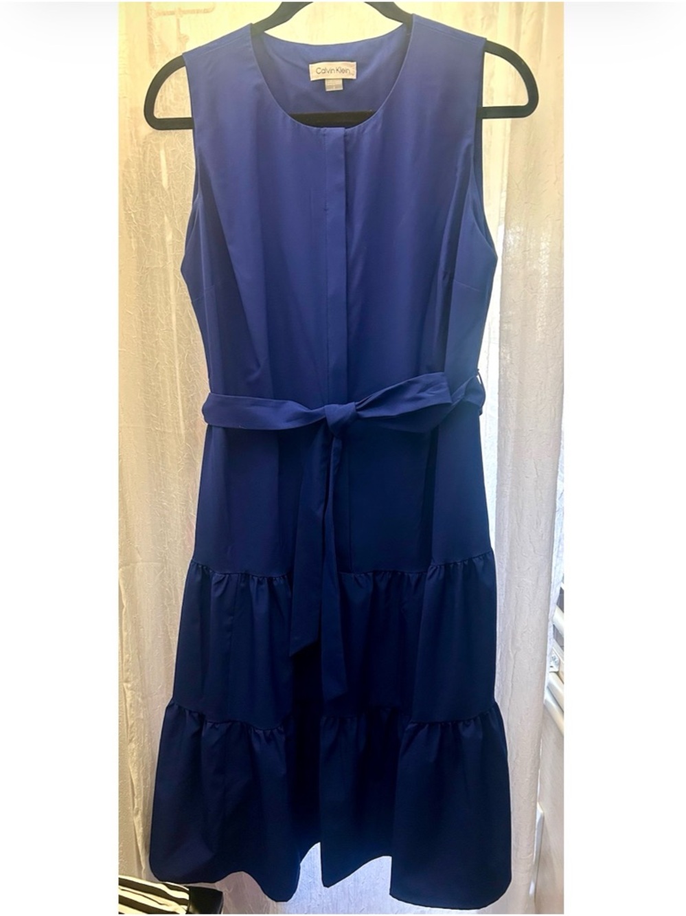 Calvin Klein Sleeveless Cobalt Blue Tiered Midi Dress with Waist Tie